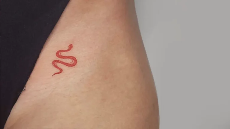 Tatuaje minimalista femenino de una serpiente en color rojo pequeña para mujer en la ingle